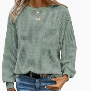 Waffle Solid Color Pocket Casual Top